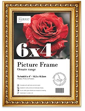 Almost Frameless 6x4 Gold Ornate Picture Frame 6x4(15.2x10.2cm) Poster, Photo, Artwork, or Print. Elegant Style Portrait and Landscape Display with Wall Hooks