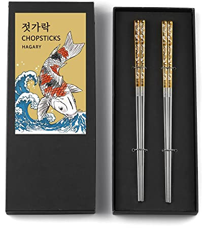 Carp Gold Reusable Chopsticks Square Metal Stainless Steel 316 18/10 Non-Slip Dishwasher Safe Designed In Korea Japanese Style (Gold - 2 Pairs)