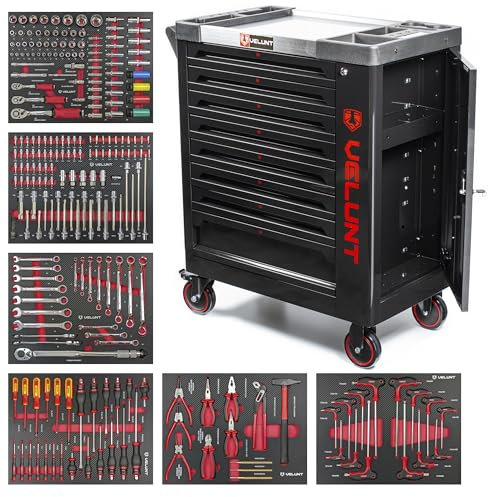 WIDMANN PROFESSIONELLE WERKZEUGE VELUNT Tool Trolley Cabinet with Tools Steel Workshop Storage Chest Carrier ToolBox (TC7-6) (Black)