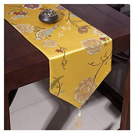 Epinki Frühling Tischläufer Klassiker Vogel Blumen, 33x210 cm Polyester Tischläufer Abwaschbare, abwaschbar & fleckenabweisend Table Runner Läufer Dekoration für Esszimmer Party Urlaub, Gelb