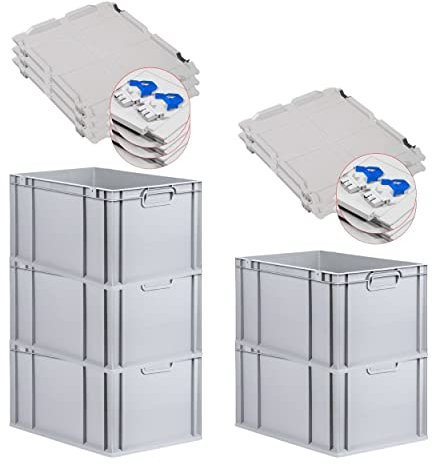 PROREGAL SuperSparSet 5x Eurobox NextGen Grip mit Scharnierdeckel und blauen Schiebeschnappverschlüssen, HxBxT 32x40x60cm, 65 L, Grau, Griffe geschlossen, Eurobehälter, Transportbox