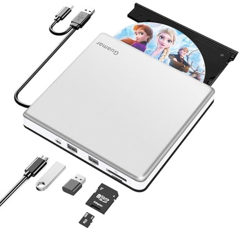 Guamar External CD Drive for Mac: Portable Slim DVD Burner for Laptop PC Windows with SD/TF Slot 2 USB Ports - Plug & Play USB-C Superdrive for MacBook High-Speed Read Write (Silver)