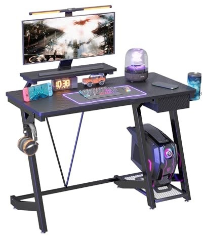 TREETALK Gaming Desk with Drawer,43.3In Computer Desk with Large Monitor Stand, PC Laptop Table with CPU Stand, Gamer Workstation with Cup Holder, Headphone Hook for Home Office