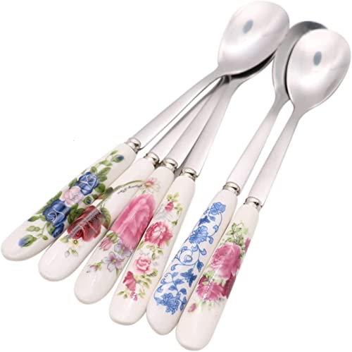 Aiptosy 6 PCS Stainless Steel Ceramic Handle Teaspoon Sugar Spoon Ice Cream Desert Spoon Stirring Soup Spoons