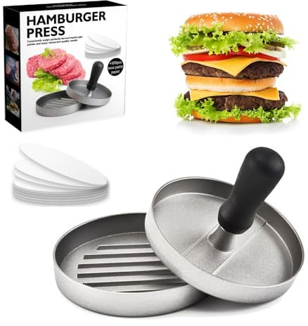 Pecewlos Presse à Burger Steak Haché + 100 Disques de Cire - en Fonte d'aluminium - pour de délicieux Hamburgers, Patties, barbecues, Hamburgers - avec revêtement Anti-adhésif