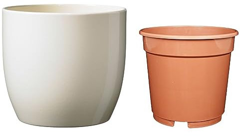 Set - SK Soendgen Keramikübertopf Basel ø10 cm, Vanilla glänzend + Kulturtopf ø8, hochwertiges Wohnambiente