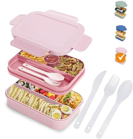 HappyRhino Bento Box Erwachsene Lunchbox für Frauen - 2000 ml Doppelschicht Auslaufsicher, 4+4 Fächer, mit Gabel & Löffel, BPA-frei, Mikrowellen- und Spülmaschinenfest (Rosa)