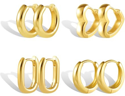 Gold Ohrringe - Kleine Creolen Set 4 Paar Hypoallergene Sterling Silber Ohrringe mit Dicken Huggie Creolen für Damen und Mädchen