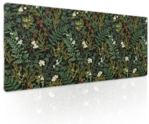 aportt Black Aesthetic Vintage Botanical Gaming Mouse Pad XL Cute Forest Green Plant Nature Floral Extended Large Big Mousepad Non-Slip Stitched Edge Long Mat for Desk Office Computer,31.5×11.8 in