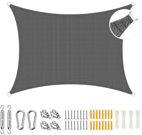 Duerer Sonnensegel 3x4m Sonnenschutz - Rechteckig Segeltuch mit Edelstahl Befestigungs Kit, aus HDPE Gewebe Reißfest, Luft- und Wasserdurchlässig, 95% UV Schutz für Terrasse Balkon, Anthrazit