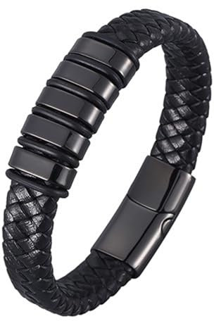 Wycian Armband Edelstahl Herren Schwarz, Armband Geflochtenes Lederarmband Im Einfachen Stil 20.5CM Rostfreier Stahl für Männer Frauen