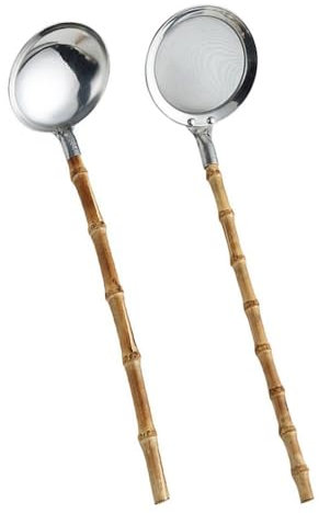 zaoalife Japanese-style Bamboo Handle Cooking Skimmers Stainless Steel Hot Pot Strainer Scoops Hotpot Soup Ladle Spoon Long Handle Serving Colander Tablespoon