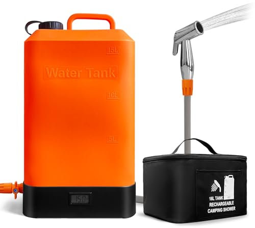 koopsmate Ducha al Aire Libre portátil, Bomba Todo en uno para depósito de Silicona 16L, Pantalla de Temperatura, Carga USB,calefacción Solar,fácil de Llevar,Adecuado para Camping/Playa,excursiones