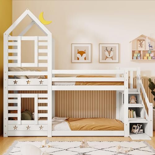 Etagenbett Kinderbett 90 x 200, Hausbett für 2 Kinder, Hochbett mit Fenster, Holzbett mit Treppe und 3 Schublade, Baumhaus Bett Stockbett mit Rausfallschutz und 2X Lattenrost, Weiß, Ohne Matratze