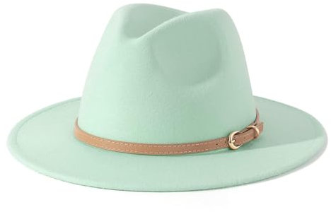 Bywenzai Männer Frauen Filz Top Hüte Fedora Panama Hüte Zylinder Mit Flacher Krempe Damen Französischer Filzhut Warmer Jazzhut Herren M (56-58Cm) Mintgrüner Hut + Heller Khakifarbener Gürtel