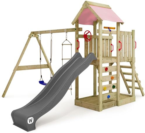 WICKEY Spielturm Klettergerüst MultiFlyer mit Schaukel & pastellpinker Rutsche, Outdoor Kinder Kletterturm mit Sandkasten, Leiter & Spiel-Zubehör für den Garten
