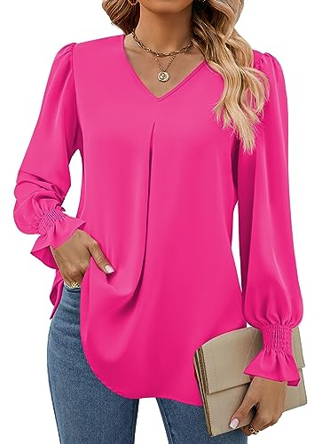 Funlingo Damen 2025 Langarm-Tops, elegant, lässig, V-Ausschnitt, Tunika, Hemden, lose Chiffon-Arbeitsbluse