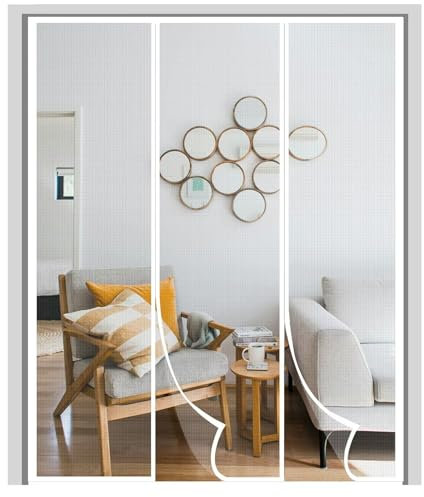 Magnetische Fliegenschutztür, 140x195cm Ohne Bohren Fliegengitter Tür,Kinderleichte Klebemontage, für Balkontür Kellertür Wohnzimmer， Weiß