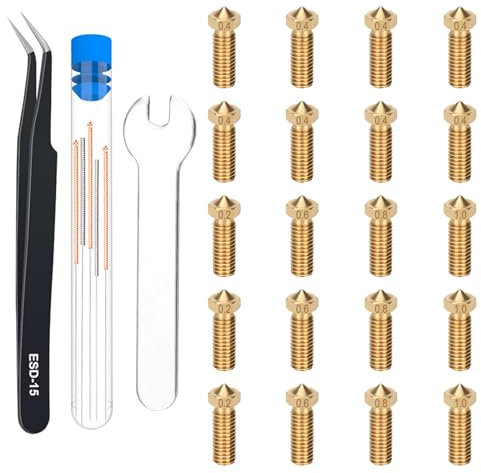 HIKUDIY 20PCS Volcano Hotends Messing Düsen Kit - 0.2/0.4/0.6/0.8/1.0mm M6 Gewinde Düsen Kit 3D Drucker Teile für Anycubic Vyper, Kobra Plus, Kobra Max, Artillery Genius, Sidewinder X1, X2