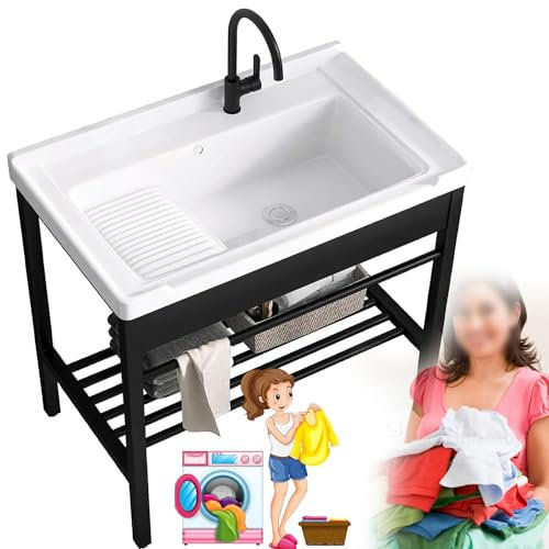 Lavandini Freestanding per Lavanderia, Lavello Freestanding con Staffa e Kit di Scarico, Rubinetti Acqua Calda e Fredda e Scarico, per Lavanderia, Garage, Cantina, per Esterni E Interni,71x48x83cm