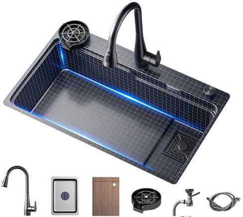 Küchenspüle, 304 Edelstahl Spüle, Tischplatte Kontrolle, 3-Loch Orbital Spüle, rechte Seite Unterbau mit Cup Washer, ausziehbarer Wasserhahn, für Mittelinsel, Bar, Schlafzimmer(75 * 45 * 22cm)