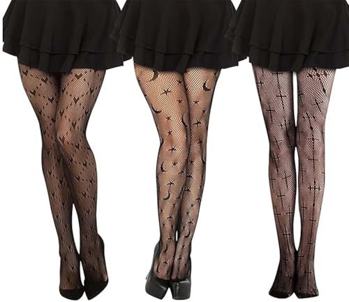 XoeLLe 3 Paar Halloween Strumpfhose Damen, Netzstrumpfhose Schwarz Halloween Socken Damen Muster Gothic Hexe Socken Nylon Weiblicher Nachtclub Netz Leggings (Kreuzen/Liebe/Sterne Mond)