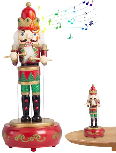 Boîte à musique Casse-Noisette 14,2 pouces Décorations de Noël Casse-Noisette en bois Figurines de casse-noisette mécaniques mignonnes avec tambour pour la décoration de tables à la maison Cadeau de N