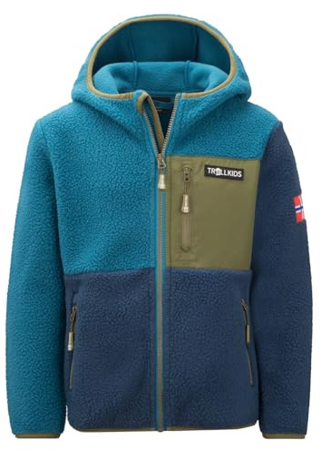 Trollkids Kids Aurlandsfjord Jacket | Warme Jacke aus Sherpa-Fleece, Zwei seitliche Taschen mit Reißverschluss, Angeschnittene Kapuze
