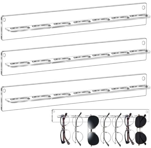 GOEDCH 3 Stück Brillenaufbewahrung Wand: Acryl Sonnenbrillen Organizer, Transparente Brillenhalter mit 7 Fächern für Mehrere Brillen, Wandmontage Aufbewahrungslösung (38 x 2.8 cm)