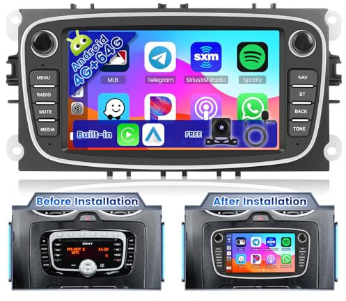 Ohradio Autoradio Android per Ford Focus Kuga Galaxy S/C-Max Mondeo 4GB+64GB Stereo Auto 2 Din Wireless Carplay Android Auto 7 Pollici Touchscreen con GPS WiFi FM/RDS 32EQ Retrocamera MIC