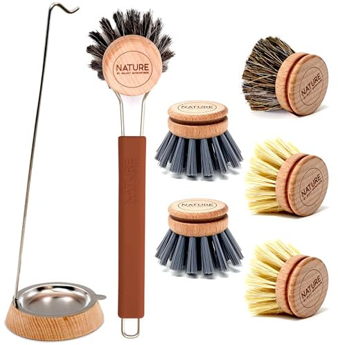 XL Spülbürste Set | Spülbürste - austauschbaren Bürstenkopf | Bürstenständer | 2X Kaktus, 2X Rosshaar, 2X. Kunststoff | nachhaltig, stilvoll abwaschen, spülen | Holz, Silikon, Edelstahl (rost-rot)