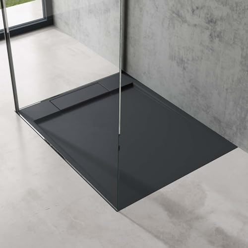 doporro Duschtasse Duschwanne 70x90x4 Mineralguss Anthrazit Ablaufgarnitur | Flache Duschwanne für bodenebene Montage mit DIN-Anschlüssen – stabil & pflegeleicht für moderne Duschen Geoma04