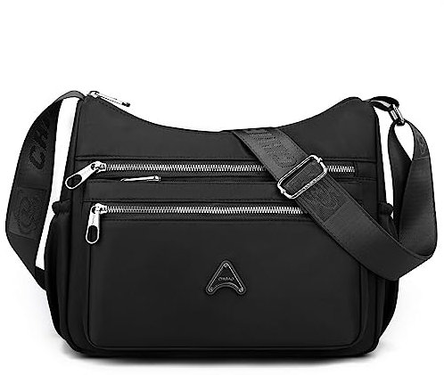 Travistar Umhängetasche Damen Mittelgroß Handtasche Damen Wasserdicht Nylon Crossbody Bag mit Vielen Fächern Leichte Schultertasche Handtaschen Messenger Bag für Reisen Einkaufen (Schwarz)