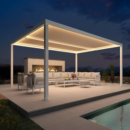 PURPLE LEAF Pergola Bioclimatique Alu 4,84 x 3,68 m avec Bande LED, Blanc | Éclairage ambiance, Drainage intégré, Montage facile, Sans entretien, Vent force 7, Pour 6–8 pers, Pergola jardin extérieur
