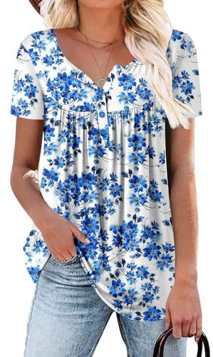 CHICZONE Ladies Tunic Tops for Leggings Short Sleeve Pleated V Neck Buttons Up Blouse Henley