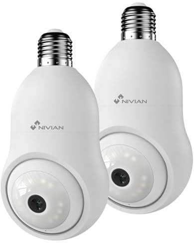 NIVIAN Telecamera di sorveglianza WiFi Tipo Lampadina 2K-Movimento 360° con Audio, Riconoscimento e Monitoraggio Umano-Visione Notturna, Compatibile con Alexa, Google Home, Tuya App (Pack 2 Fotocamere