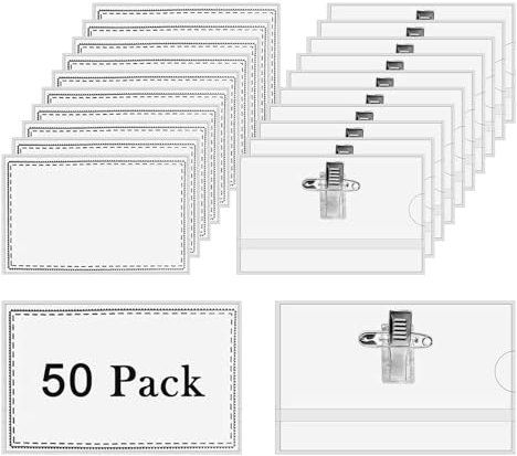 50 Stück Namensschilder, Transparent 90 * 56mm Namensschilder, Namensschild Ausweishalter für Kleidung, Namenschilderhülle mit Clip und Anstecknadel für Visitenkarten Ausweis ID Karte Büro Schule