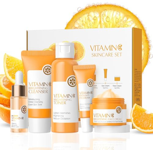 Set per la cura della pelle alla vitamina C 5 Pezzi, Set Regalo per la Cura Della Pelle per Donne, con Detergente, Toner, Crema Viso, Siero, Rassodante Idratante, per una Pelle Luminosa e Radiosa