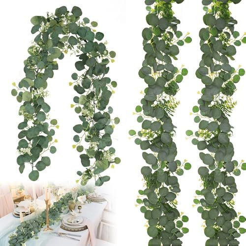 LYPPUL 2 Stück Künstliche Eukalyptus Girlande, 180cm Künstliche Girlande Pflanze, Weidenblättern Grüne Weiße Blume Blätter Girlande Eukalyptus Deko für Hintergrund Hochzeit Bogen Garten Zuhause