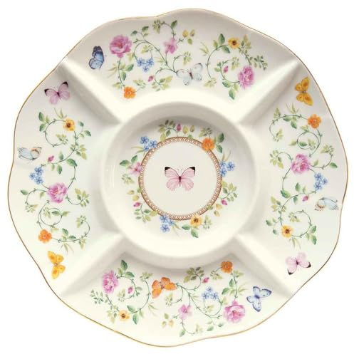 Easy Life Vassoio piatto per aperitivi in porcellana con fiori Dancing Butterflies D25.5 cm
