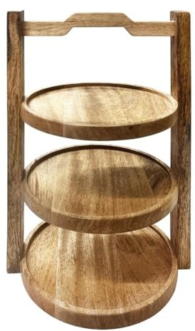 Olympia 3-Tier Mango Wood Display Stand for 200mm Plates, HY751 | Rustic farmhouse aesthetic elevates buffet presentation for cupcakes or desserts, perfect for busy catering environments.
