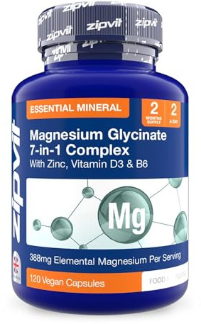 Zipvit Magnesium Glycinate 7 in 1 Complex 1800mg - 120 Capsules | 388mg Elemental Magnesium - Easily Absorbed Magnesium Bisglycinate - 4 Active Magnesium Forms with Vitamin D3, B6 & Zinc