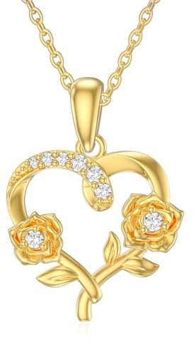 Rikelus 9K Gold Herz-Halskette für Damen, 375/9K Echtgold Halskette mit Rosenblüten-Anhänger Weihnachten Muttertag Valentinstag Geburtstag Schmuckgeschenk für Freundin Ehefrau Mutter Sie 40+5 cm