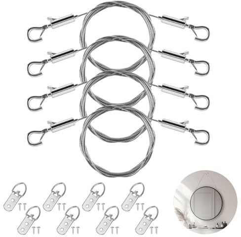 Adjustable Picture Hanging Wire Kit,4PCS 2m/3mm Stainless Steel Wire Rope Kit,M4 Turnbuckles Wire Tensioner Kit & 8 D Rings & 16 Screws for Art Pictures Mirrors Billboards Frame Canvas