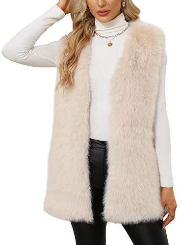 Adigau Damen Winter Weste Mittellange Warme V-Ausschnitt Kunstfellweste Elegant Ärmellos Jacke Leichte Plüschweste Lässig Einfarbig Winddicht Winterjacke Beige M