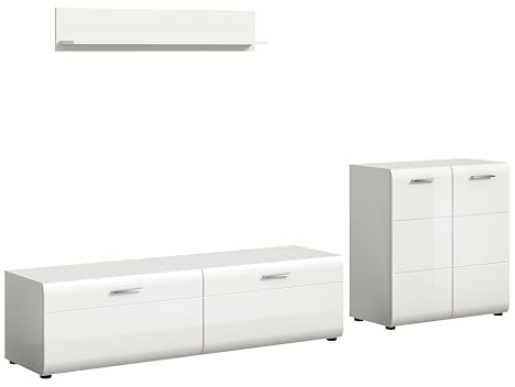xonox.home – Wohnkombination Ice 255x160x41 cm in Front weiß Hochglanz Korpus weiß – Modernes Wohnwand-Set für Dein Wohnzimmer und Wohlbedinden – stilvoll, hell & praktisch