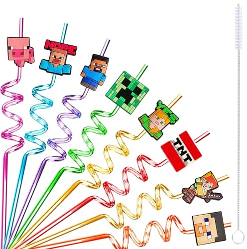 8 Pcs Party Curly Straws Reusable Drinking Straw with Stainless Steel Straw Cleaning Brush Plastic Novelty Cartoon Theme Spiral Straws for Adults Boys Girls Birthday Party Decoration (Cartoon Theme)