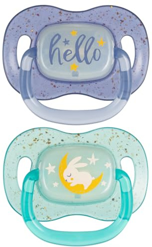 Canpol babies Silikon Schnuller symmetrisch NightGlow 2 St. Symmetrischer, weicher Silikonsauger, antiallergisch, kleine, belüftete Schild, mit Sterilisationsetui (Blau, 6-18 m)