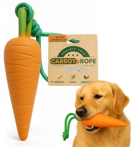 PetLove Karotte mit Seil, Hundespielzeug aus Naturkautschuk | 100 % Naturkautschuk mit Baumwollseil, robustes Hundespielzeug mit Quietschgeräusch für Zerr- und Wurfspiele.