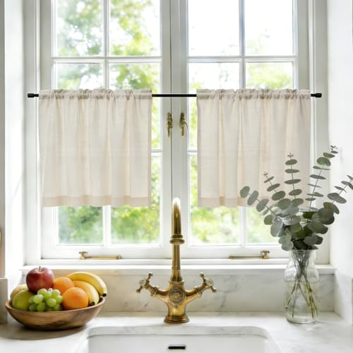 GFCC Scheibengardinen modern Leinenoptik Kurz 2Per H45xB60cm Beige Küchengardinen Bistrogardine Wohnwagen Vorhänge Landhausstil Gardine für Küchen Schrank Wohnwagen Klein Fenster